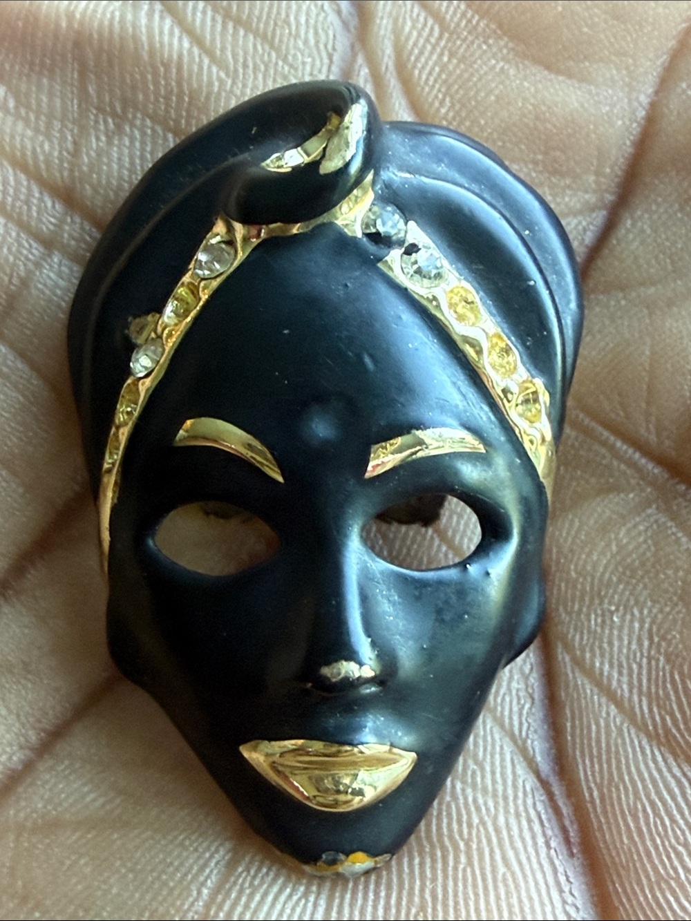 Vintage Nubian Lady Face Brooch-Gold Tone Turban Rhinestone Trim & Dangling Eyes